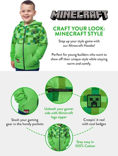 Miniatura 4 de Minecraft Sudadera con capucha Creeper para niño, forro polar verde con licencia oficial de star wars silent one crew.