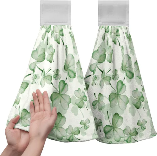 Miniatura 10 de Juego de 2 toallas de cocina colgantes de hojas tropicales de verano, color verde, hojas de palmera, con bucles para colgar, suaves y absorbentes
