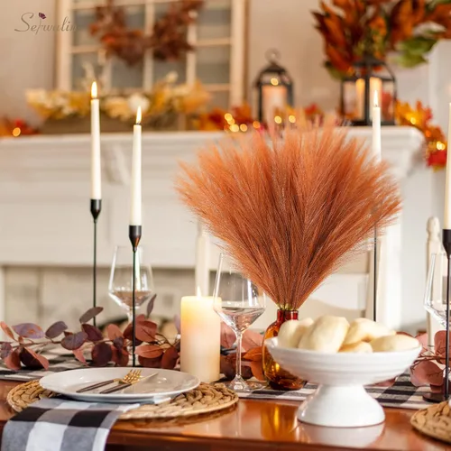 Miniatura 4 de Serwalin Decoración de Hierba de Pampas de 17.7 Pulgadas 6 Piezas Hierba de Pampas Naranja, Hierba de Pampas Falsa Naranja Quemado Decoración Boho