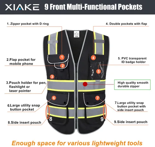 Miniatura 3 de XIAKE Chaleco de seguridad reflectante de alta visibilidad con 9 bolsillos clase 2 para hombres y mujeres, cumple con las normas ANSI/ISEA