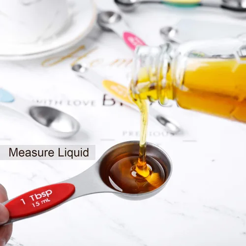Miniatura 7 de Juego de cucharas medidoras magnéticas de acero inoxidable apilables de doble cara, cucharaditas y cucharadas para medir ingredientes secos y Color 6