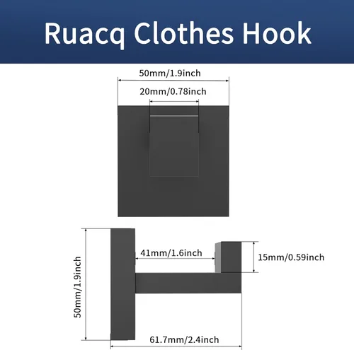Miniatura 5 de Ruacq Ganchos para toallas para baños, ganchos cuadrados de acero inoxidable resistentes, colgador de toallas montado en la pared para bata y Negro