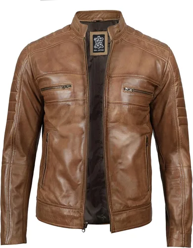 fjackets Cafe Racer - Chaqueta de cuero para hombre, de piel de cordero real, para motociclista, para hombre