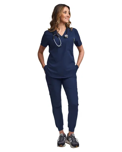 Miniatura 6 de Green Town Conjunto de ropa quirúrgica para mujer, pantalón deportivo y parte superior con cuello en V, 5 bolsillos, cintura de yoga, uniforme