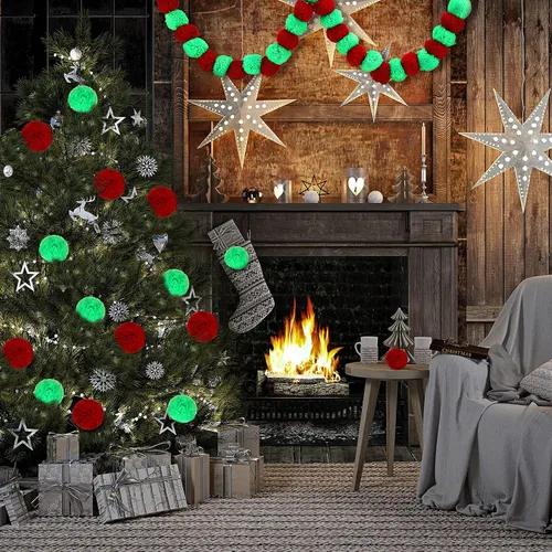Miniatura 5 de Janinka 80 pompones de Navidad de 2 pulgadas, para artes y manualidades, bolas grandes brillantes para adultos, decoración de Navidad (rojo, verde)