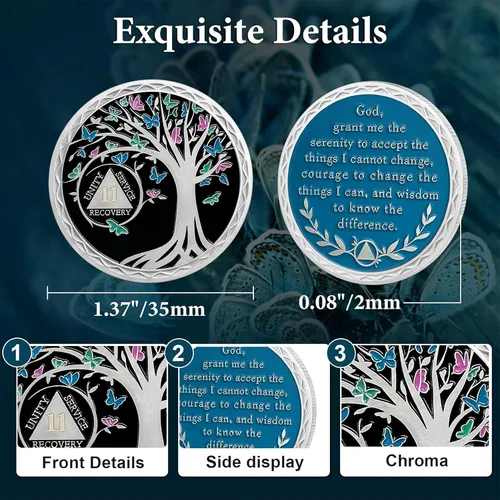 Miniatura 5 de Moneda de sobriedad de 11 meses – Monedas AA del árbol de la vida de mariposa de recuperación – Fichas AA de once meses y medallones – 1-40 chips