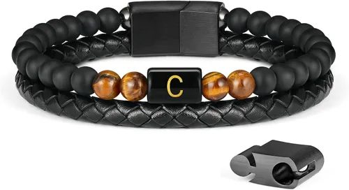 Miniatura 66 de LUXEJEW Regalo Navidad para hombre, brazalete de cuero con cuentas, con letra inicial nombre, 15/64 de pulgada, ágata mate, hecho a mano, ajustable