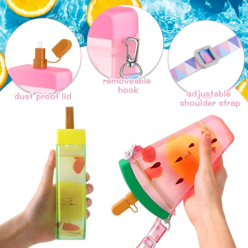 Miniatura 7 de Patelai 8 botellas de agua bonitas con pajita, tazas de helado de sandía kawaii, a prueba de fugas, con correa ajustable para el hombro