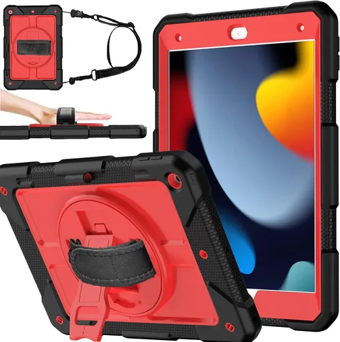 Miniatura 10 de BMOUO Funda para iPad de 9ª/8ª/7ª generación de 10.2", a prueba de golpes con soporte giratorio de 360°, correa de hombro y mano, funda para iPad