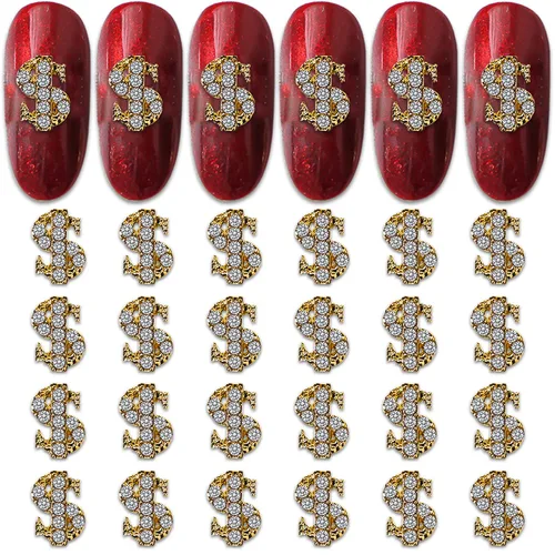 WOKOTO 30 dijes dorados de aleación y diamantes de imitación para uñas, letreros de dinero 3D de lujo para arte de uñas, dijes de dinero 3D para