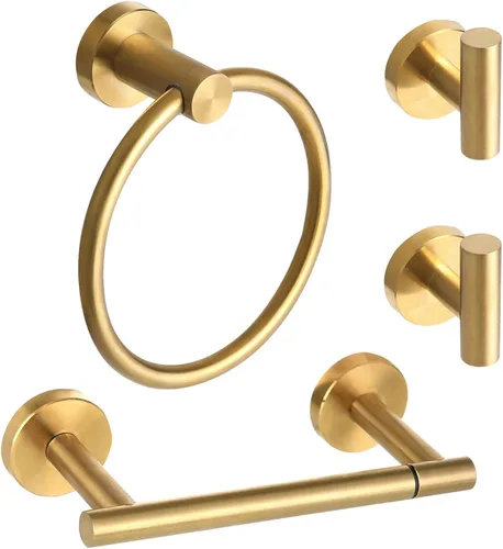 Miniatura 13 de El juego de 4 piezas de accesorios de baño de acero inoxidable dorado cepillado incluye anillo para toalla de mano, soporte para papel higiénico y 2