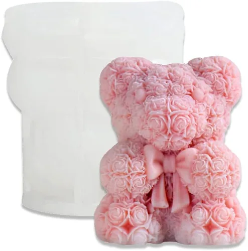 Cestony Oso de rosas 3D de 4.4 x 3.93 pulgadas con pajarita, moldes de silicona para hacer velas, pilar de resina, velas de aromaterapia, cera de