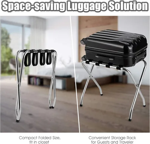 Miniatura 8 de Tangkula Portaequipajes cromado para habitación de invitados, no requiere montaje, soporte plegable de metal para maleta con cinturones de nailon