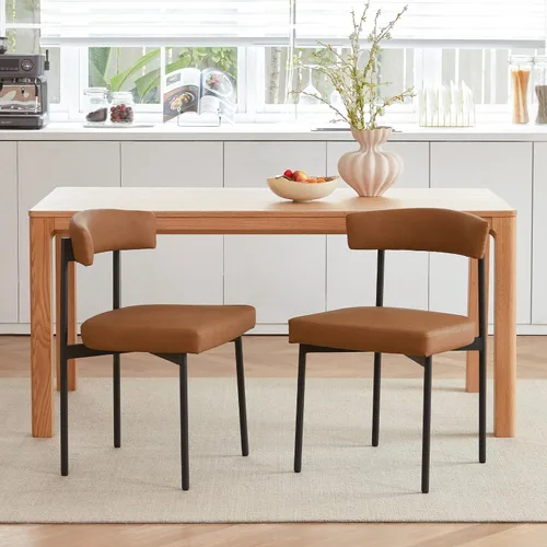 Miniatura 3 de GrandNoor Juego de 2 sillas de comedor de cuero sintético marrón, silla de cocina tapizada sin brazos, silla moderna de comedor con respaldo curvo