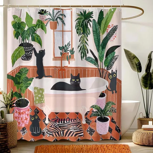 Miniatura 2 de Divertida cortina de ducha con diseño de gatos negros, estilo bohemio, bonita, divertida, para baño, gatito, verde, hojas tropicales, beige, marrón