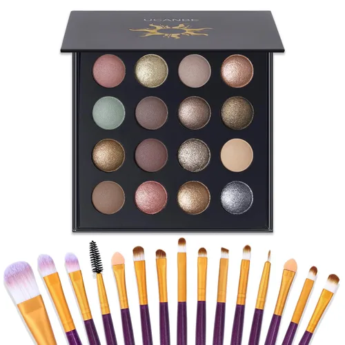 UCANBE - Paleta de sombra de ojos horneada de 16 colores con 15 pinceles de maquillaje, sombra de ojos de mezcla mate y brillante para mujeres y
