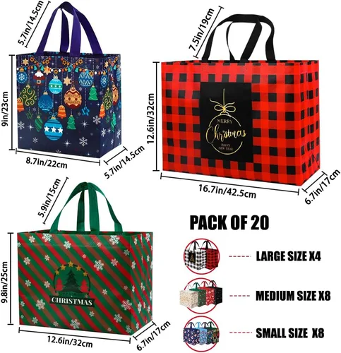 Miniatura 2 de DULEFUN 20 piezas de bolsas de regalo de Navidad, bolsa de regalo de Navidad no tejida reutilizable grande, mediana, pequeña, bolsas de compras