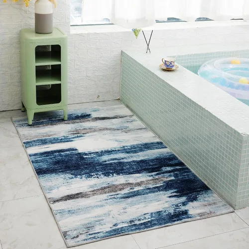 Miniatura 56 de Carvapet 9x12 Alfombras grandes para sala de estar y dormitorio, alfombra moderna lavable azul de pelo bajo con respaldo de goma, plegable, alfombra