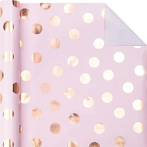 Miniatura 4 de WRAPAHOLIC Rollo de papel de regalo rosa, mini rollo, 17 pulgadas x 33 pies, diseño de lunares de lámina de oro rosa para cumpleaños, vacaciones