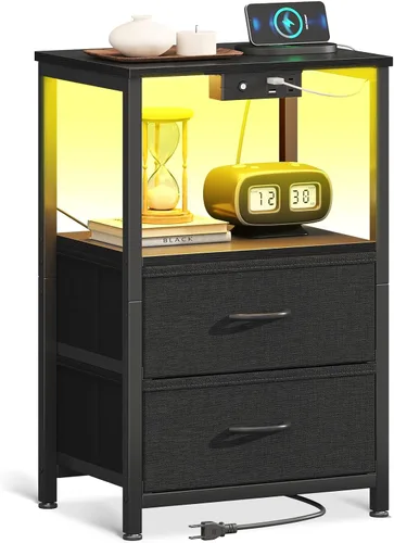Casaottima Mesita de noche con estación de carga y luces LED, mesa auxiliar para dormitorio con 2 cajones de tela, pequeña mesita de noche con Negro