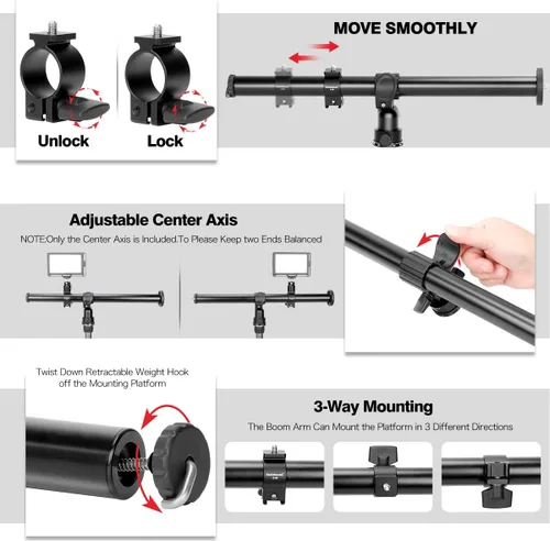Miniatura 6 de Koolehaoda Brazo de extensión de trípode de 16.5" con columna central horizontal, extensión de boom de 28mm con base giratoria rotativa de 360°