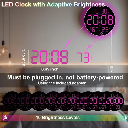 Miniatura 5 de QINFIEY Reloj de pared LED de 10 pulgadas con luz ambiental RGB, atenuación automática, pantalla de color/hora/fecha/temperatura/humedad, alarma