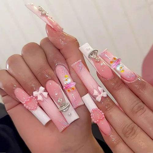 Miniatura 10 de Uñas postizas a presión de ballet negras, uñas postizas largas cuadradas con punta francesa, uñas postizas con lazo rosa con diseños de perlas
