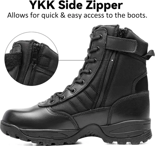 Miniatura 3 de Botas tácticas para hombre, 8 pulgadas, cremallera lateral, botas militares de combate de cuero, botas de trabajo para hombres, policía, motocicleta