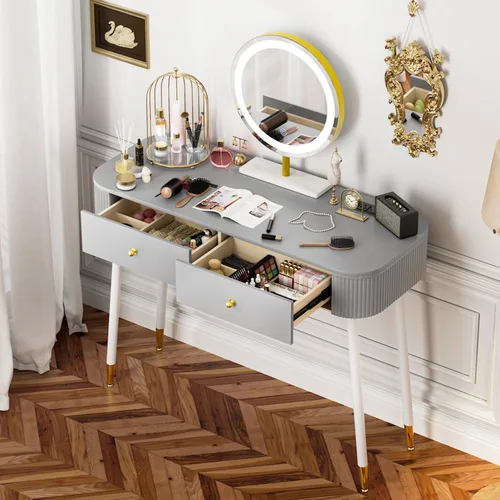 Miniatura 13 de WinZo Mesa de tocador de 24" con espejo y luces, pequeña mesa de tocador de maquillaje con 1 cajón de almacenamiento, elegante mesa de tocador