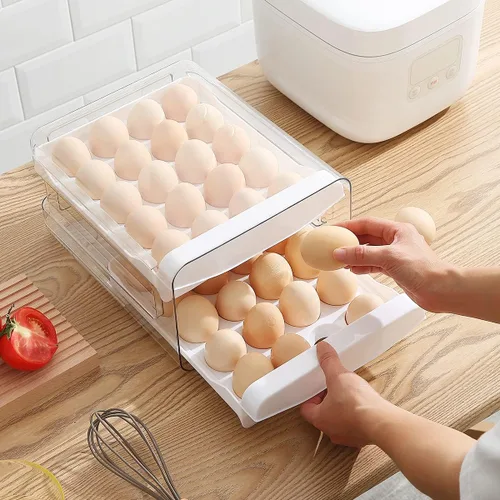 Miniatura 4 de HOMQUEN Soporte para huevos, plástico transparente, bandeja para huevos de 2 capas/40 rejillas y caja de almacenamiento fresca para refrigerador