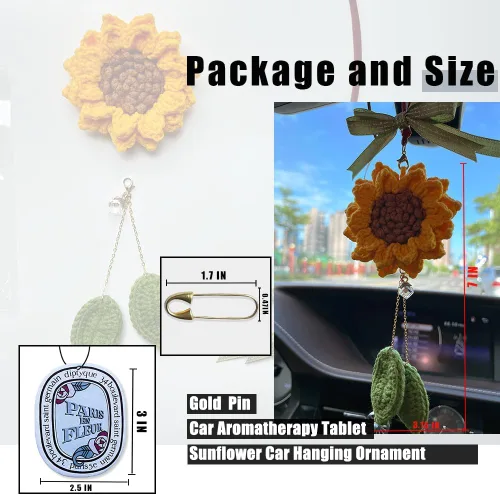 Miniatura 3 de Accesorios de girasol para automóvil, bonitos accesorios para automóvil, hechos a mano, de punto, espejo retrovisor, adorno colgante para tus