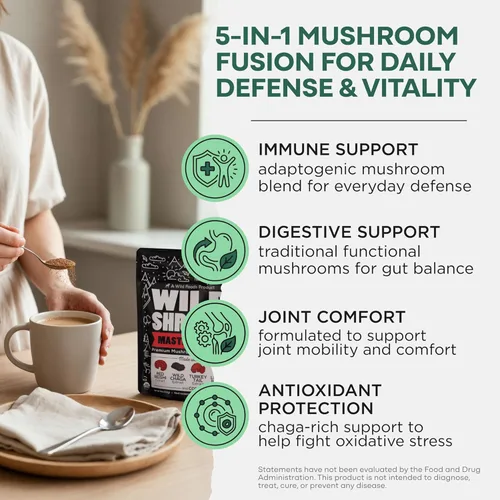 Miniatura 2 de Wild Foods Mezcla de hongos salvajes Reishi, Chaga, Cordyceps, cola de pavo y melena de león - Paquete de 4 onzas - Reductor de estrés adaptogénico