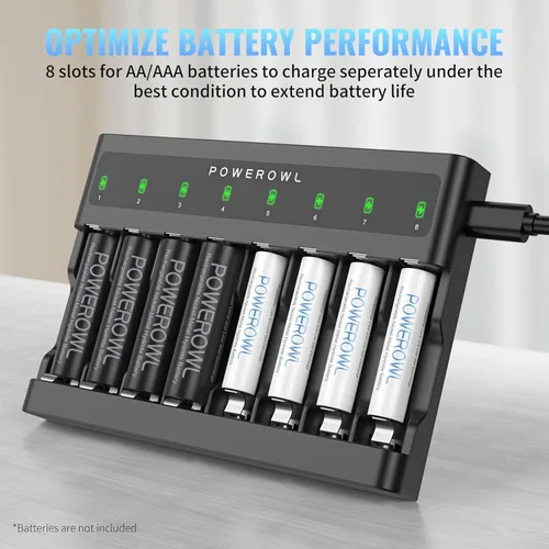Miniatura 3 de POWEROWL Baterías AAA recargables de 1000 mAh con cargador de batería inteligente de 8 bahías, baterías Ni-MH Triple A de baja autodescarga, 8