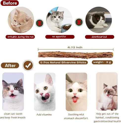 Miniatura 3 de Juguete de madera natural para gatos, 3 piezas de 16 pulgadas, palitos de hierba gatera para limpieza de dientes, ejercitador de gatos