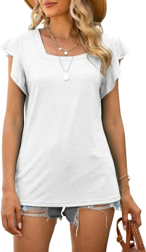 Miniatura 4 de Micticsi Blusa de cuello cuadrado para mujer, manga corta con volantes, ajuste holgado, túnica de verano