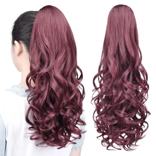 Miniatura 40 de Extensiones de cola de caballo, extensiones de cabello rizado con clip de garra de color marrón oscuro para mujer, peluca sintética de cola