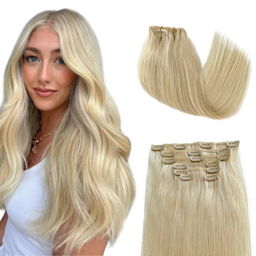 Miniatura 18 de Extensiones de cabello rubio ceniza con reflejos, extensiones de cabello humano real con clip, de 12 pulgadas, 2.47 onzas, doble trama, invisible