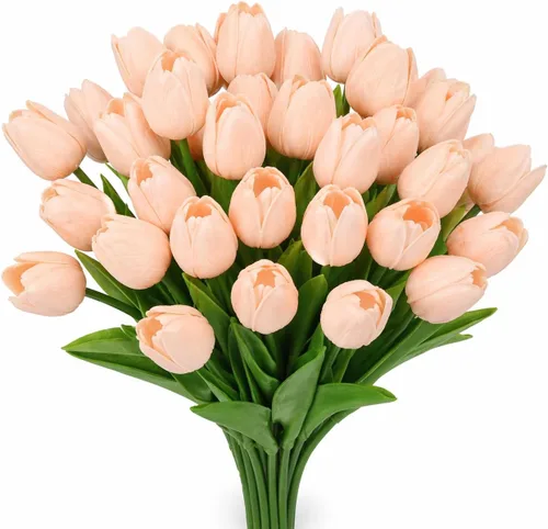 Miniatura 11 de MACTING - 30 flores artificiales de tulipán, tulipanes falsos de tacto real, flores artificiales de primavera, tulipanes de imitación para arreglos