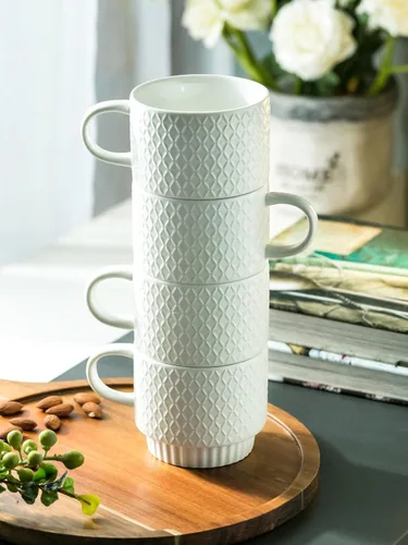 Miniatura 8 de LYEOBOH Tazas de café apilables con estante, juego de 4 tazas de café de cerámica de 13 onzas con soporte, taza de café con cuchara, tazas de Blanco
