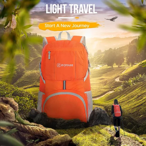 Miniatura 6 de ZOMAKE Mochila Empacable Ligera de 35L, Mochilas Plegables Ligeras Resistentes al Agua Bolsa de Senderismo Plegable, Paquete de Día Plegable Naranja