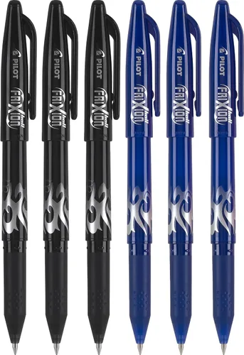 PILOT FriXion Ball - Bolígrafos de gel borrables de 0.028 in, punta fina, 3 bolígrafos negros y 3 bolígrafos azules (paquete de 6)
