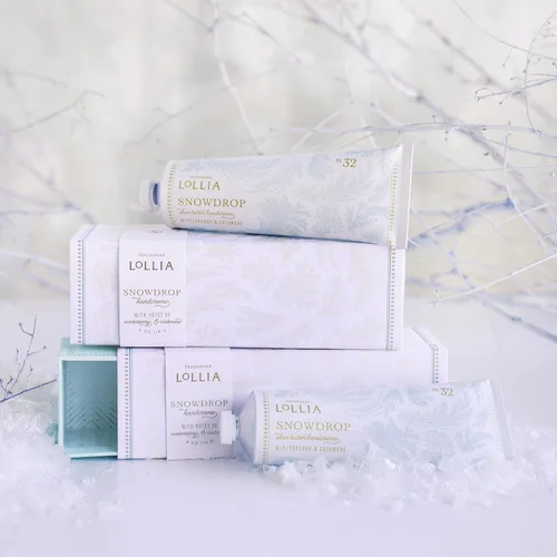 Miniatura 6 de LOLLIA Snowdrop Handcreme, 3.3 onzas, 113 g, Fragancia de baya de invierno y cachemira, crema hidratante de lujo para manos con manteca de karité