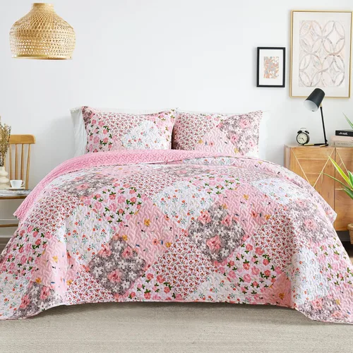 Miniatura 18 de Whale Flotilla Colcha de retazos tamaño individual, colcha floral bohemia extra suave para cama, reversible, ligero, juego de ropa de cama con 1 Azul