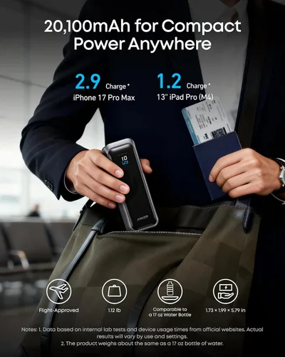 Miniatura 3 de Anker Prime Power Bank, cargador portátil de 3 puertos de 20,100 mAh con salida máxima de 220 W, carga bidireccional, aprobado por la TSA, control