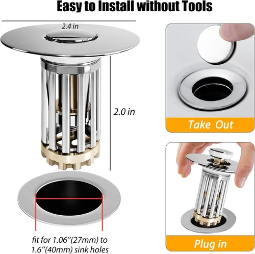 Miniatura 3 de Anlige Colador de drenaje para lavabo de baño, 2PCS Tapón emergente 3 en 1 para lavabo de baño con cesta de latón extraíble atrapa cabellos, tapón