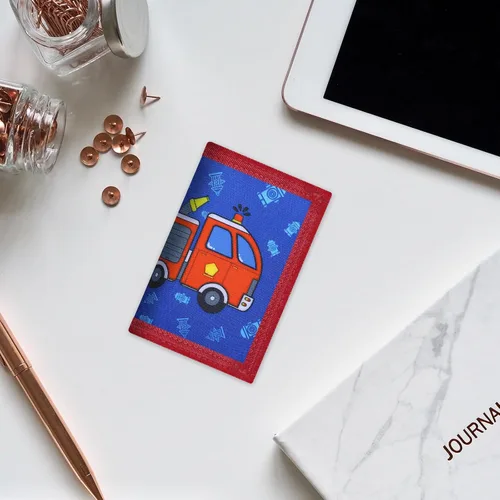Miniatura 7 de Cartera RFID, bonita cartera de dibujos animados con cremallera para niños, Carro de bomberos, Cartera de lona triple para niños
