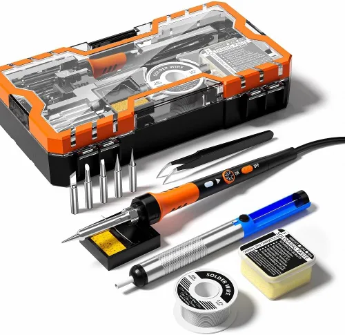 Kit de soldadura Premium, soldador de 60 W con calentador cerámico, herramienta de soldadura 12 en 1, temperatura ajustable de 200 a 450°C, incluye