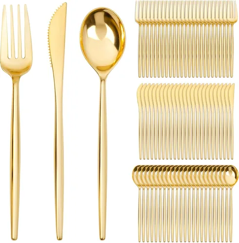 Miniatura 10 de SUT 300 cubiertos de plástico dorados, utensilios dorados desechables, el juego de cubiertos de plástico dorado incluye 100 tenedores de plástico