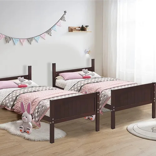 Miniatura 2 de KOMFOTT Litera de madera de tamaño individual sobre individual, marco de cama de madera maciza que ahorra espacio con escalera y barandilla
