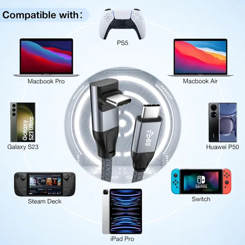 Miniatura 7 de Cable de datos USB C en ángulo descendente, 20 Gbps 90 grados en ángulo USB C 3.2 Gen2x2, cable de video 4K @144, cable de carga rápida PD de 100 W